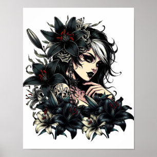 Beautiful Goth Girl Black Lilly Flowers art Poster
