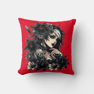 Beautiful Goth Girl Black Lilly Flowers art Throw Pillow