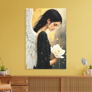 Beautiful Gothic Angel and White Rose Celestial  Canvas Print