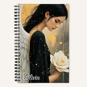 Beautiful Gothic Angel and White Rose Personalized Notebook