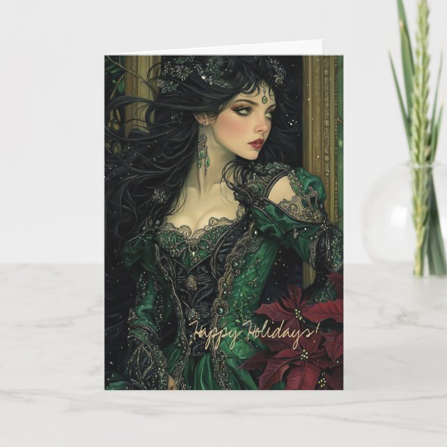 Beautiful Gothic Lady in Emerald Green Gown Card (Front)