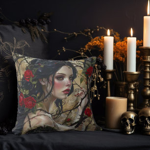 Beautiful Gothic Woman with Thorns and Roses Throw Pillow