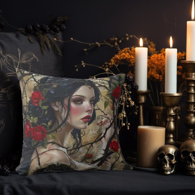 Beautiful Gothic Woman with Thorns and Roses Throw Pillow (Creator Uploaded)