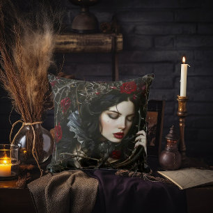 Beautiful Gothic Woman with Thorns and Roses Throw Pillow