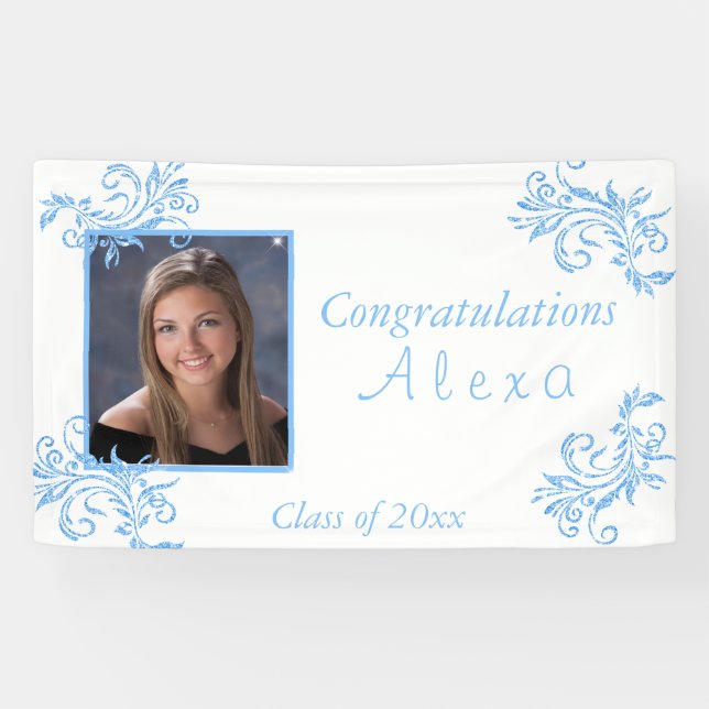 Beautiful Graduation Blue Glitter Vines Stars  Ban Banner (Horizontal)