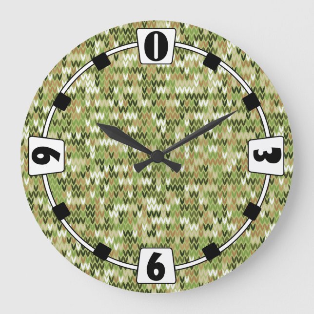 Beautiful granny knit pattern in green olive colou large clock (Front)