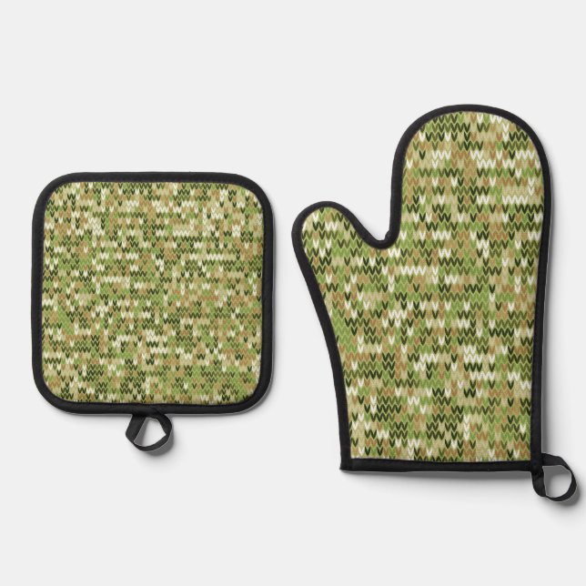 Beautiful granny knit pattern in green olive colou oven mitt & pot holder set (Front)