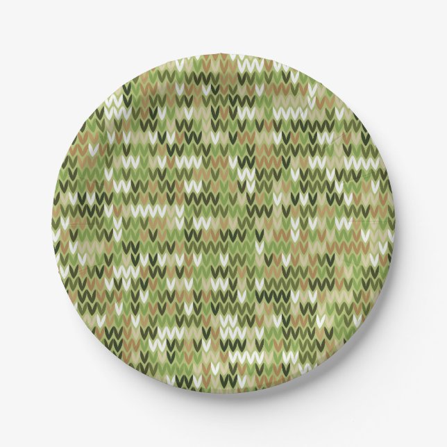 Beautiful granny knit pattern in green olive colou paper plate (Front)