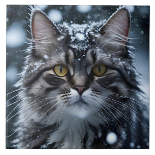 Beautiful Gray Tabby Cat in the Snow  Tile