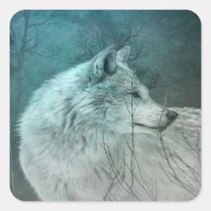 Beautiful Gray Wolf in a Dark Forest Square Sticker
