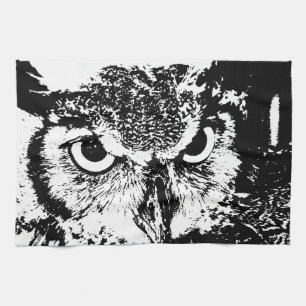 Beautiful Great Horned Owl Black & White Graphic Kitchen Towel