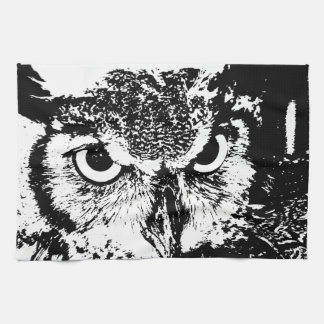 Beautiful Great Horned Owl Black & White Graphic Kitchen Towel