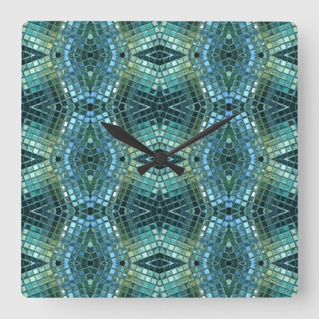 Beautiful Green and Blue Glass Mosaic Square Wall Clock (Front)