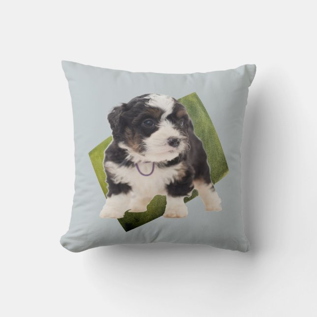 Beautiful Green Bernedoodle Puppy Art  Throw Pillow (Front)