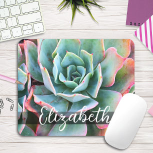 Beautiful Green Cactus Photo Custom Name Script Mouse Pad