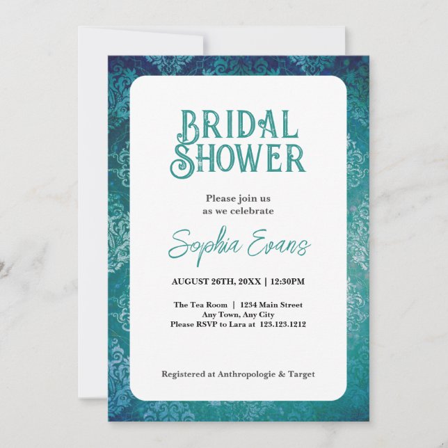 Beautiful Green Damask White Bridal Shower Invitation (Front)