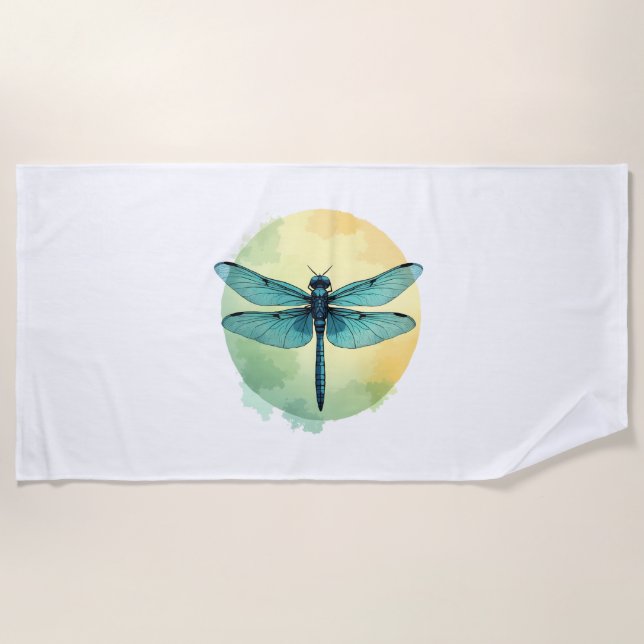 Beautiful Green Dragonfly Watercolor Art Insect Lo Beach Towel (Front)