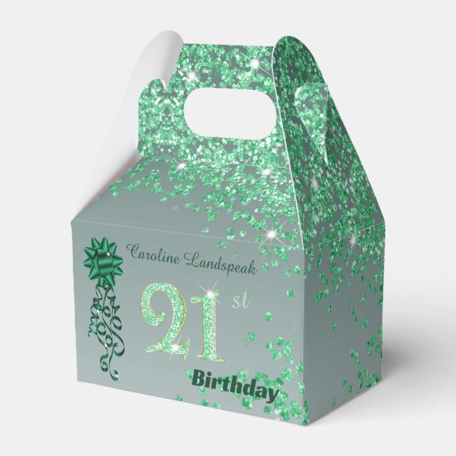 Beautiful Green Glitter & Ribbon 21st Birthday Favor Box (Front Side)