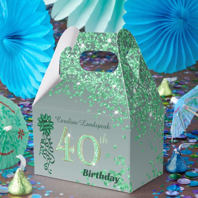 Beautiful Green Glitter & Ribbon 40th Birthday Favor Box (Party)