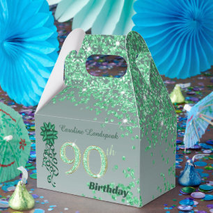 Beautiful Green Glitter & Ribbon 90th Birthday Favor Box