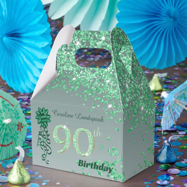 Beautiful Green Glitter & Ribbon 90th Birthday Favor Box (Party)