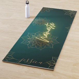 Beautiful Green Gold Namaste Mandala Custom Name Yoga Mat