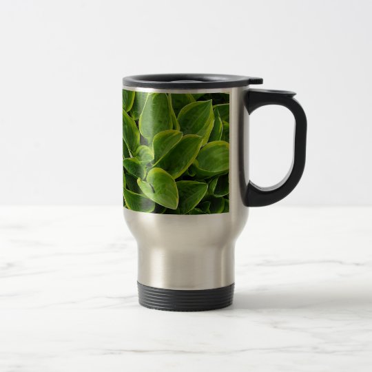 Beautiful green hosta plant travel mug