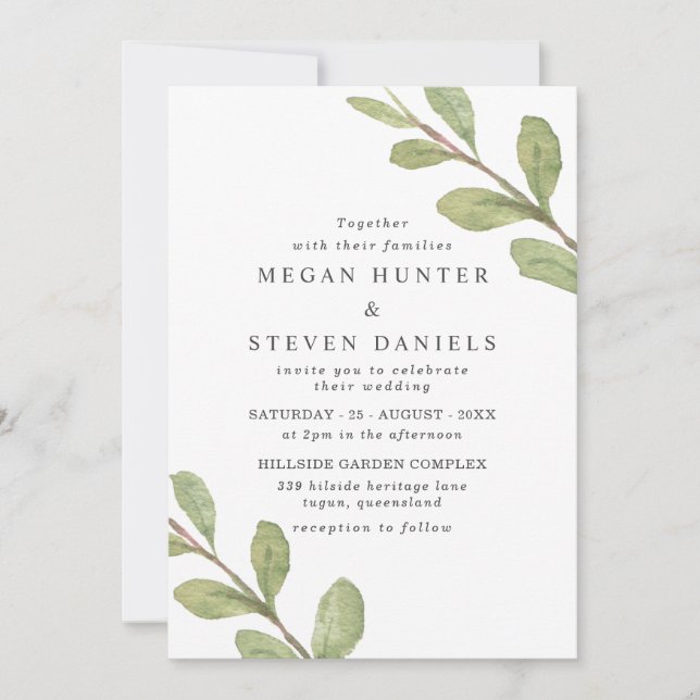 Beautiful Green Leaf Watercolor Elegant Wedding Invitation (Front)
