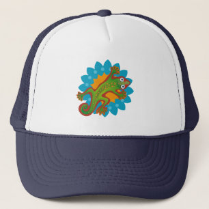 Beautiful green lizard on flower, lizard trucker hat