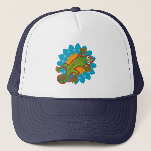 Beautiful green lizard on flower, lizard trucker hat (Front)
