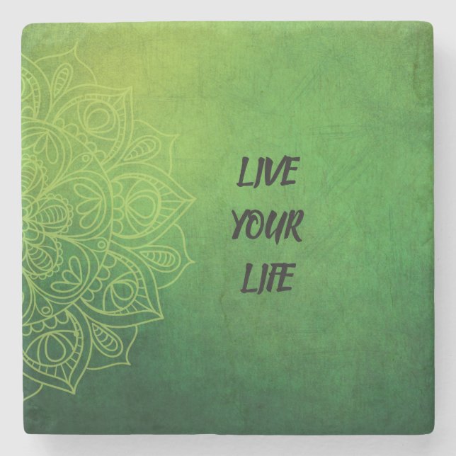 Beautiful Green Mandala with Quote Stone Coaster (Front)