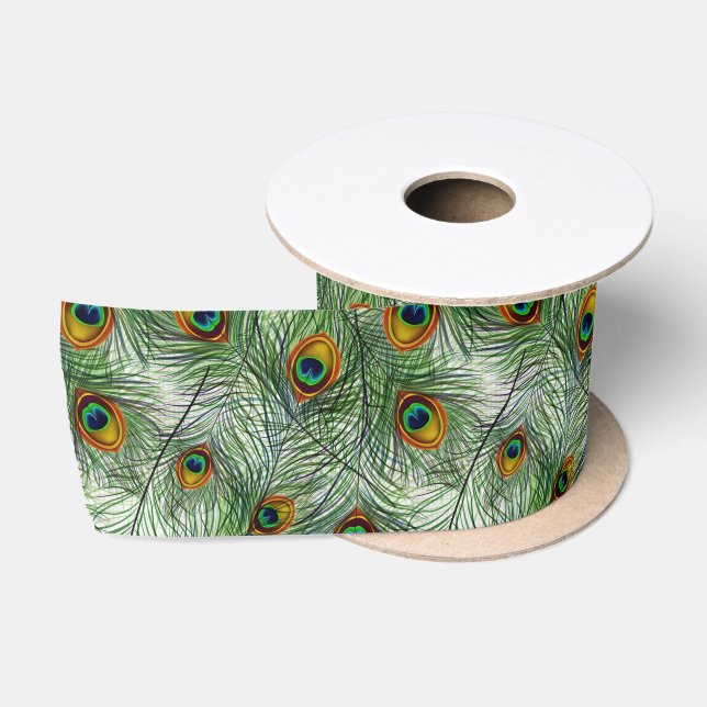 Beautiful Green Peacock Feather Satin Ribbon (Spool)