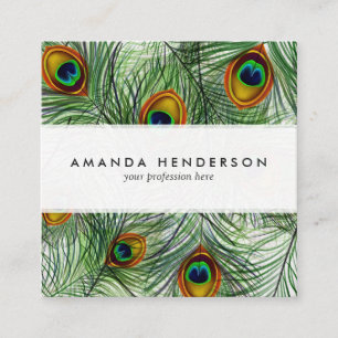 Beautiful Green Peacock Feather Square Business Card