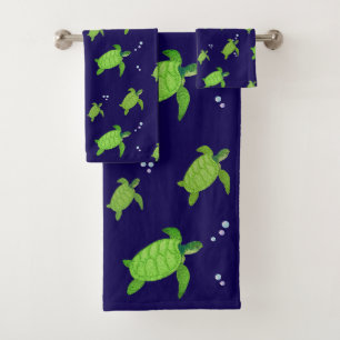 Beautiful Green Sea Turtles on Navy Blue Bath Towel Set