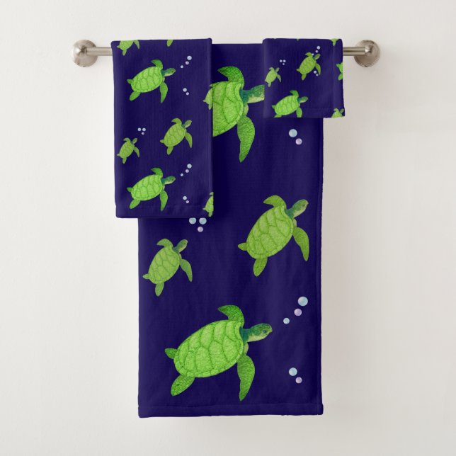 Beautiful Green Sea Turtles on Navy Blue Bath Towel Set (Insitu)