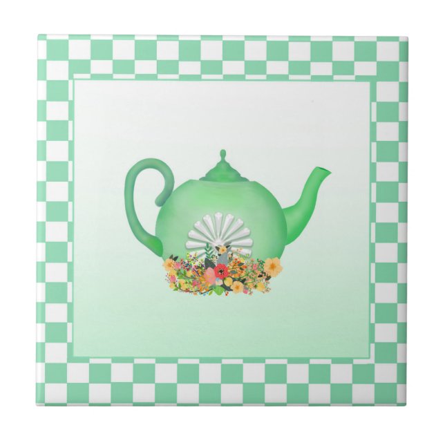 Beautiful Green Teapot with Flowers Ceramic Tile (Front)