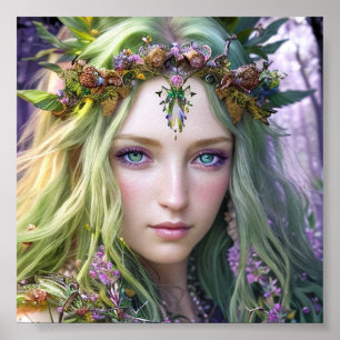 Beautiful Green-White Haired Druid Colourful Poste Poster