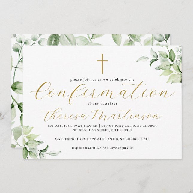 Beautiful Greenery and Cross Confirmation Invitation (Front/Back)