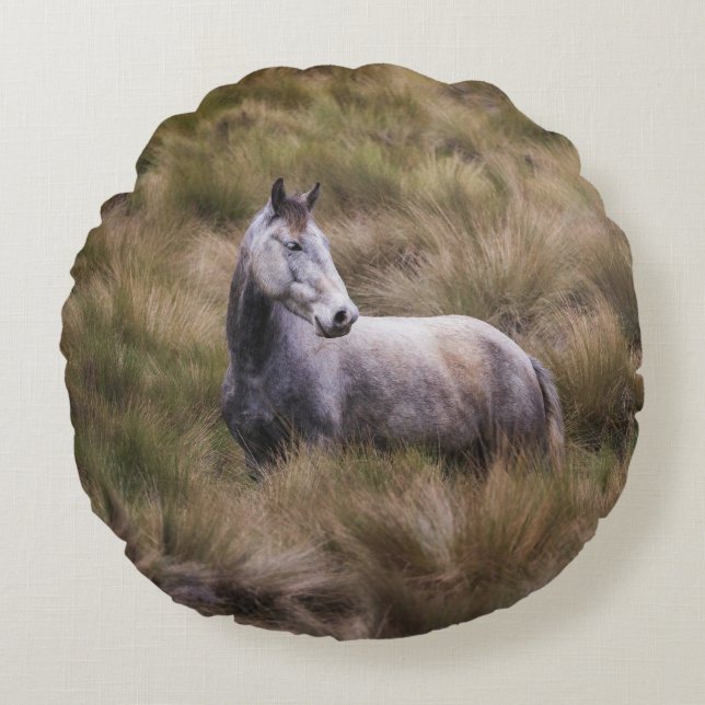 Beautiful Grey Coloured Horse Round Pillow (Front)