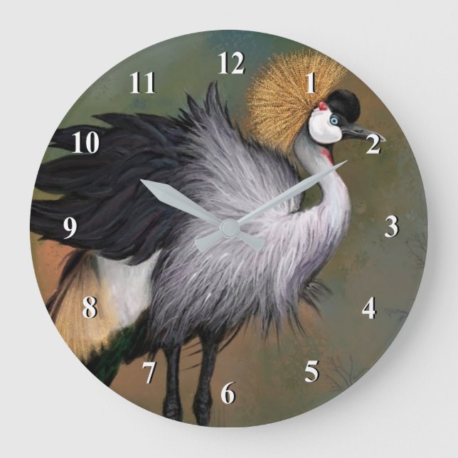 Beautiful Grey Crowned Crane - Migned Painting  Large Clock (Front)