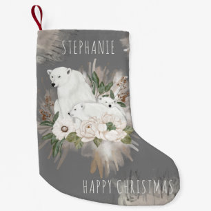 Beautiful Grey Polar Bear Happy Christmas Name Small Christmas Stocking