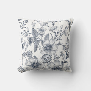 Beautiful Grey Scale Floral Sketch Drawing Throw Pillow
