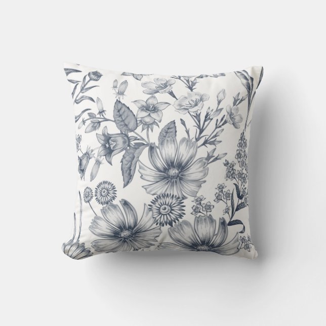Beautiful Grey Scale Floral Sketch Drawing Throw Pillow (Front)
