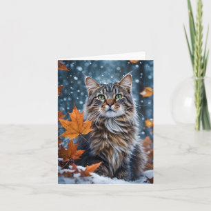 Beautiful Grey Tabby Cat Fall Leaves Blank  Card
