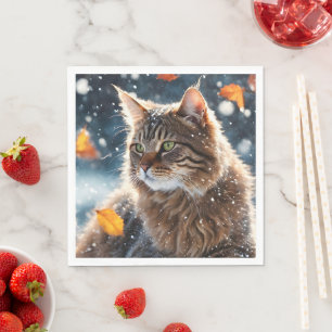 Beautiful Grey Tabby Cat Fall Leaves  Napkin