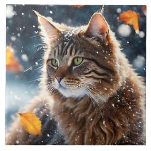 Beautiful Grey Tabby Cat Fall Leaves Portrait  Tile