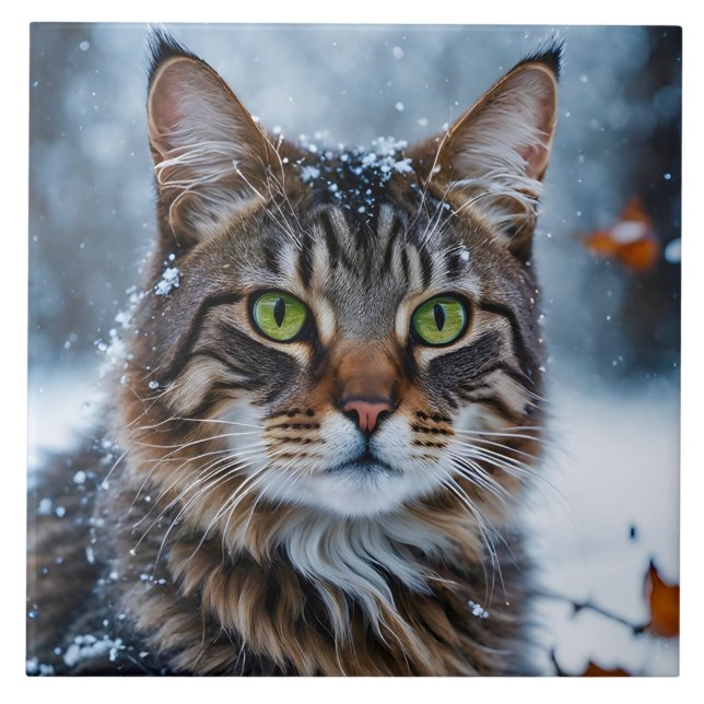 Beautiful Grey Tabby Cat in Snow Tile (Front)
