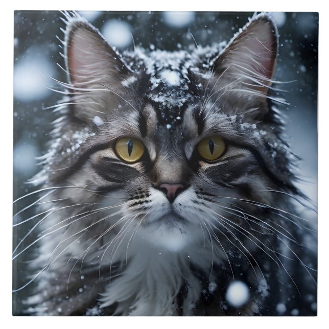 Beautiful Grey Tabby Cat in the Snow  Tile (Front)