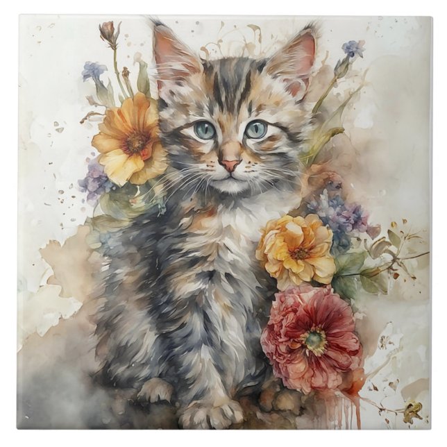 Beautiful Grey Tabby Cat Surrounded by Flowers  Tile (Front)