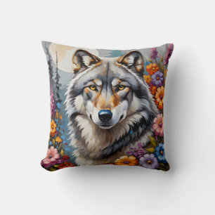 Beautiful grey wolf and flowers throw pillow